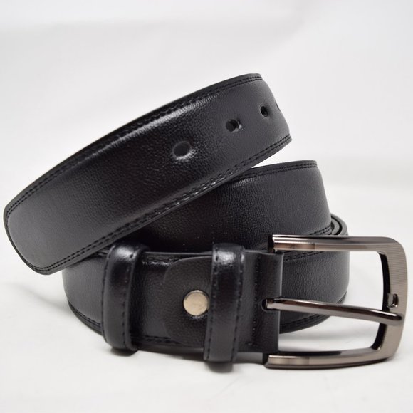 Faux Leather Belt Men 61 65 Black Career Professional Silvertone Buckle Preppy - Picture 1 of 11